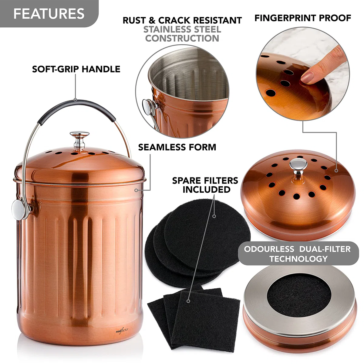 RED FACTOR Premium Kompostbehälter Küche Aus Edelstahl Geruchlos - Bio Mülleimer - Inklusive Kostenlosen Aktivkohlefiltern (Matt Kupfer, 5 Liter)
