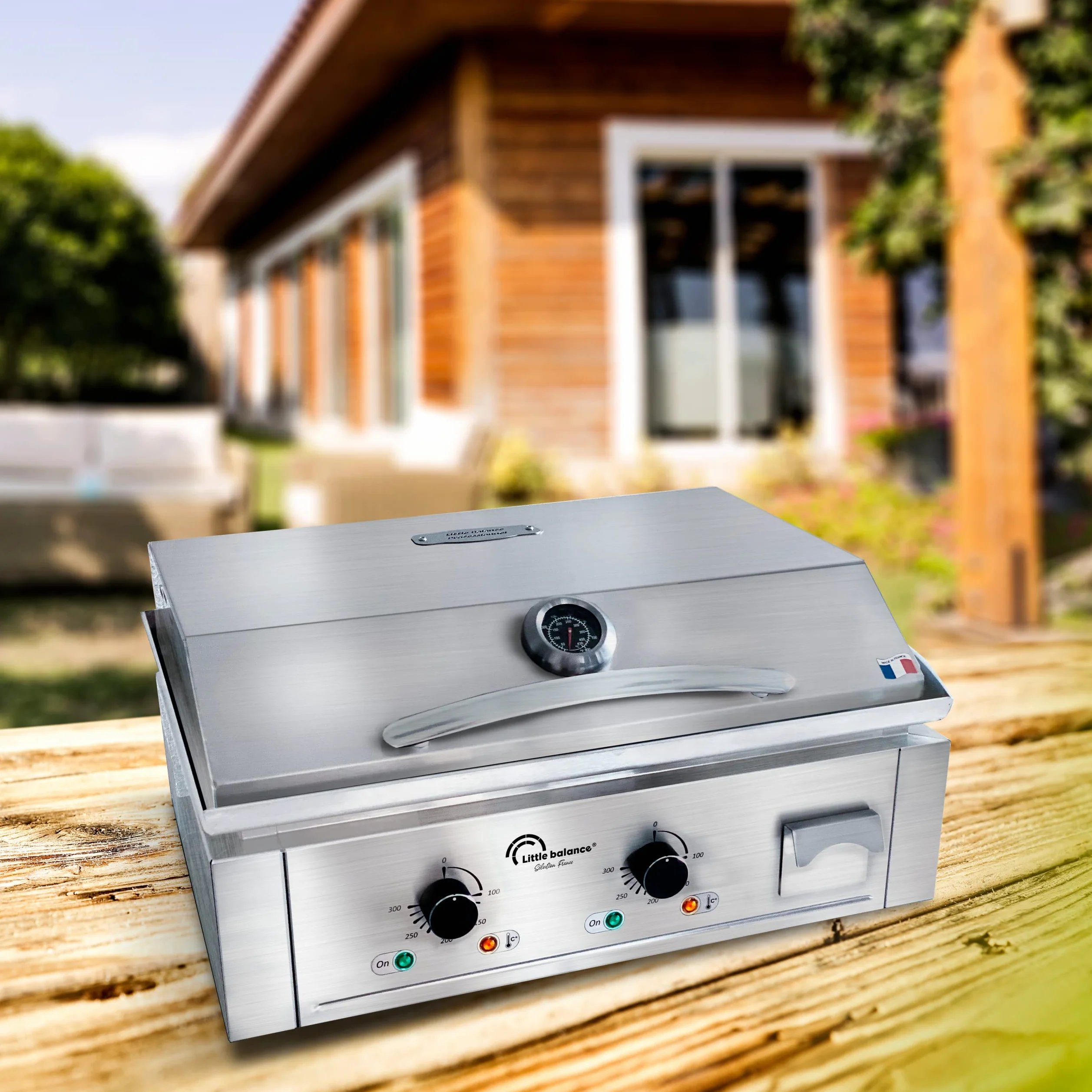 LITTLE BALANCE 8473 Aquitaine Pro Plus, elektrische Grillplatte, 2 Kochzonen, Deckel, 3500 W, hergestellt in Frankreich, komplett Edelstahl