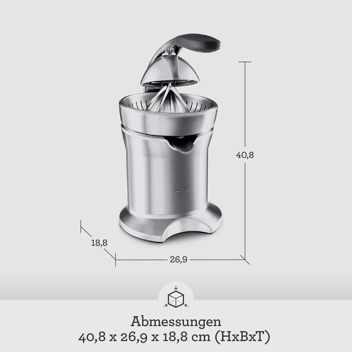 Sage - The Citrus Press Pro - Elektrische Zitruspresse - Saftpresse mit Tropfstopp-Ausguss und Einfach zu Reinigendem Kegel - Gebürstetes Aluminium