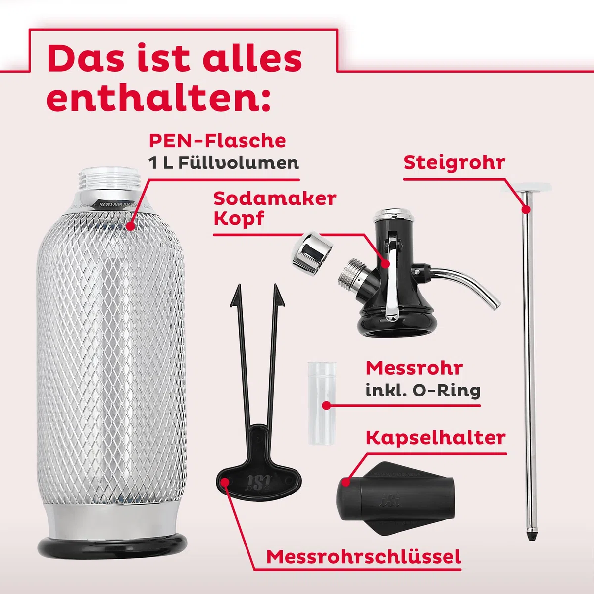 ISI Soda Maker Classic 1L inkl. 6 x 10 CO2 Kapseln für Soda & Sprudel - Vintage Wassersprudler Set aus PEN-Flasche mit 100% Edelstahlgewebe + CO2 Kartuschen - Wasser Sprudler - Bar Zubehör