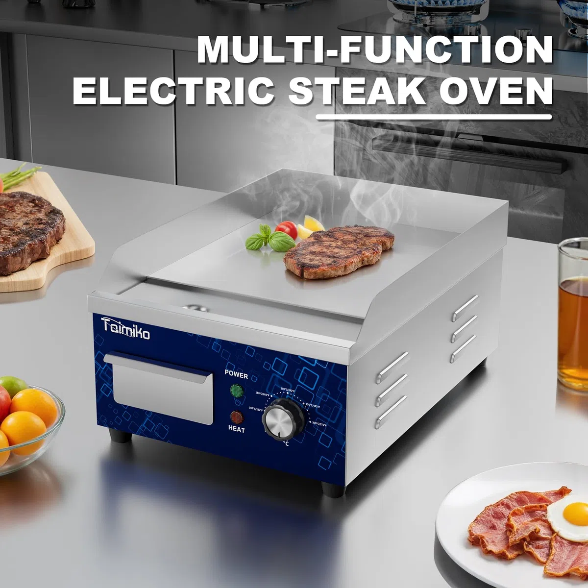 TAIMIKO Elektrische Grillplatte glatt 1700 W Elektro-Grillplatte Edelstahl Gusseisen Gastro Griddleplatte Präzise Temperaturregelung