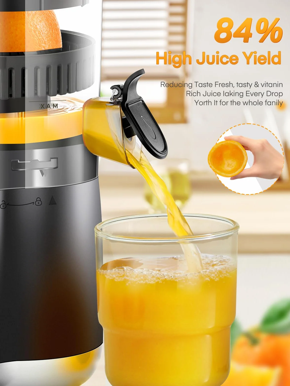 FOHERE Zitruspresse Elektrisch, Automatische Saftpresse Elektrisch Orangenpresse Mit 100 W Leiser Motor, BPA-frei, 2 Presskegeln für Zitrone,Apfel,Trauben und Granatäpfel, Schwarz