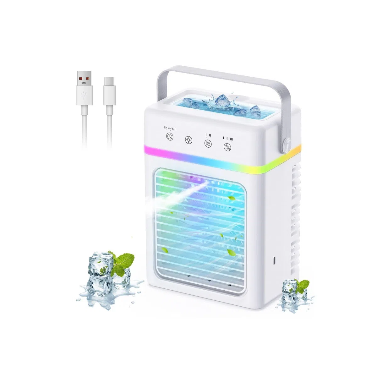 Klimaanlage Mobil 4-IN-1, Mini Mobiles Klimagerät mit 900ML Wasserkühlung, USB betrieben, 3 Geschwindigkeiten & 2 Sprühstufen, 2-6 Stunden Timer, Dimmbare RGB-LED-Beleuchtung, Ideal für Kleine Räume