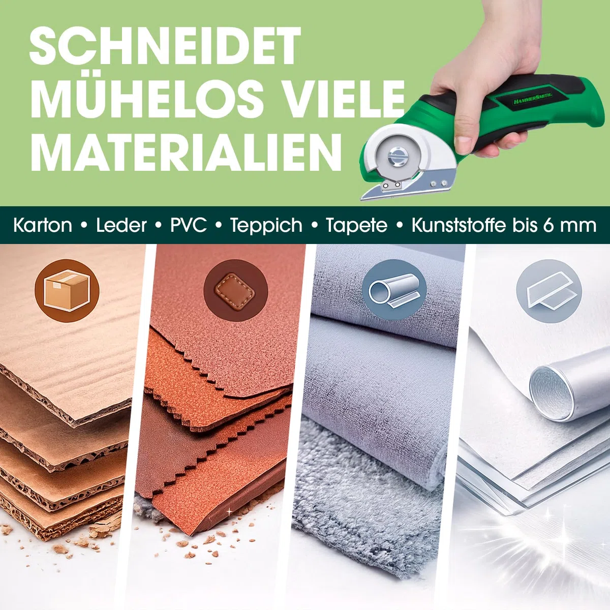 Hammersmith SharpSpin - Elektrische Schere kabellos - Kartonschneider, Akku Schere für Karton, Stoff, Leder, Teppich, PVC & Kunststoff - selbstschärfende Klinge - präzise Schneiden ohne Kraftaufwand