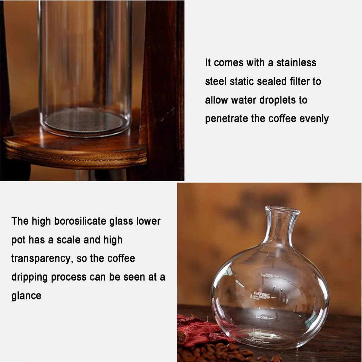Cold Brew Kaffeeturm, Eisfilterkaffeemaschine Mit Doppelventil – Slow Drip-Technologie, Holzständer, Großes Fassungsvermögen 600 Ml, Für Das Homeoffice