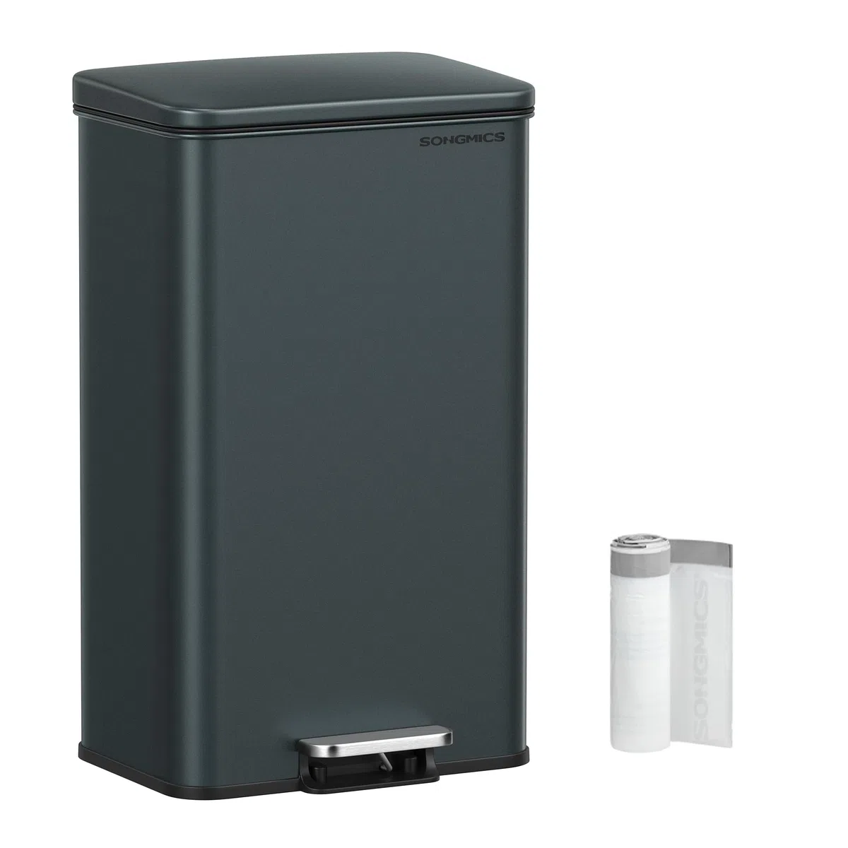 SONGMICS Mülleimer Küche, 40 Liter Abfalleimer, großer Tretmülleimer, mit Deckel, aus Stahl, Softclose, inklusive 15 Müllbeutel, anthrazitgrau LTB540G02