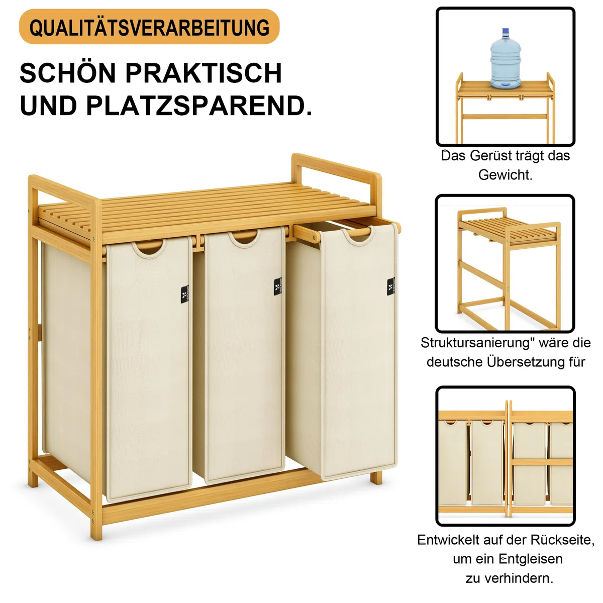 AdelDream Wäschekorb 150L, 3 Fächer Wäschesammler mit Ablage, Bambusrahmen | Wäschesortierer mit 3 x 50L Säcken, ausziehbar abnehmbar, Ablage bis 45 kg, Farbe Beige