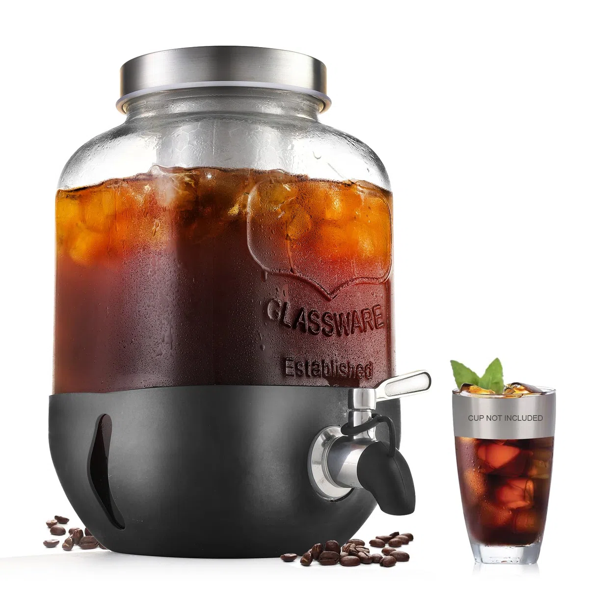 Kaltgebrüh-Kaffeemaschine, 3,5 l Eiskaffeemaschine mit Edelstahlfilter, robuster Glas-Krug mit Edelstahl-Zapfhahn, Einmachglas, Kaltgebrüh-Kaffeemaschine, schneller Eisteebereiter