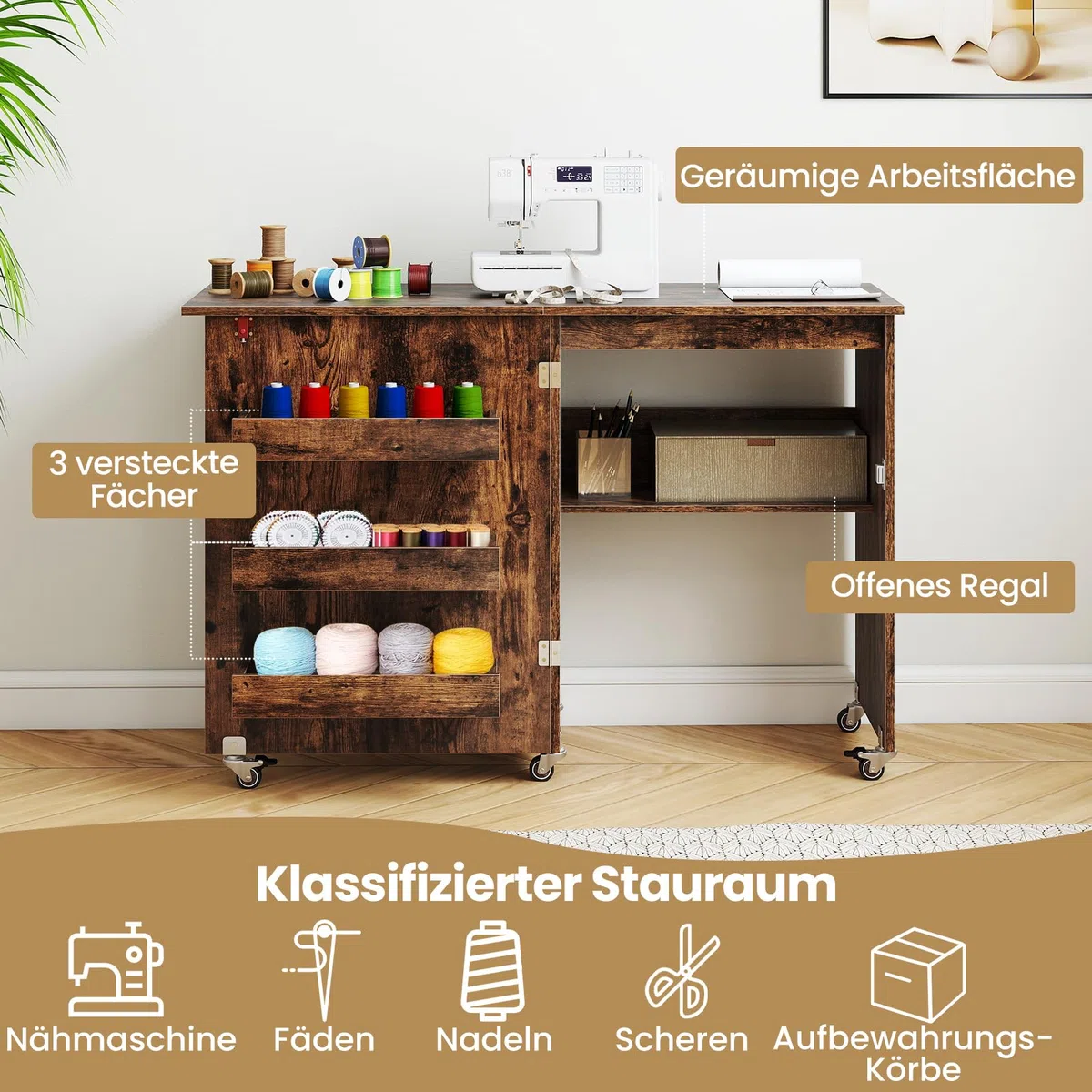 COSTWAY 2 in 1 Nähschrank & Schreibtisch klappbar, Nähtisch aus Holz mit 3 Einlegeböden für Spulen & feststellbare Rollen, Nähmaschinenschrank für Wohnzimmer, Schlafzimmer & Büro (Braun)