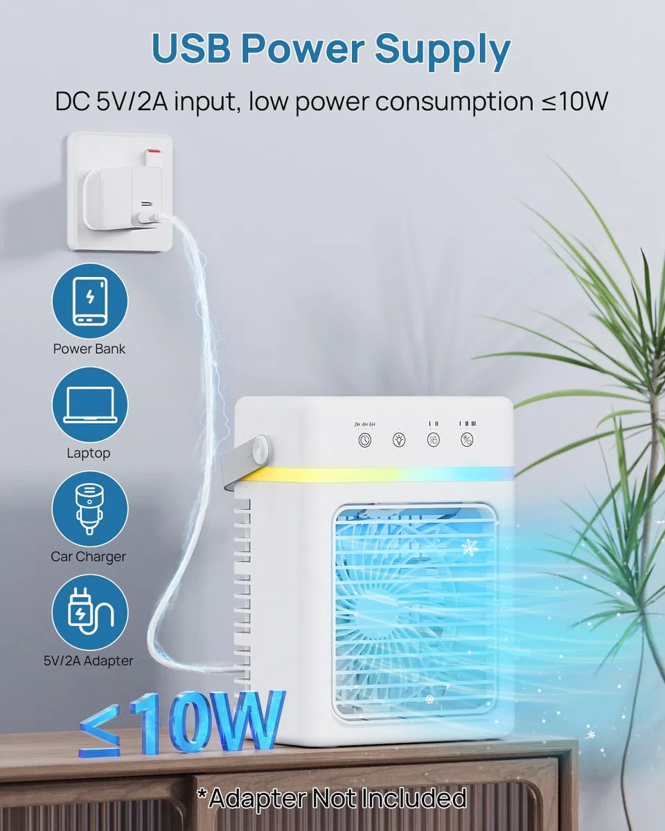 Klimaanlage Mobil 4-IN-1, Mini Mobiles Klimagerät mit 900ML Wasserkühlung, USB betrieben, 3 Geschwindigkeiten & 2 Sprühstufen, 2-6 Stunden Timer, Dimmbare RGB-LED-Beleuchtung, Ideal für Kleine Räume