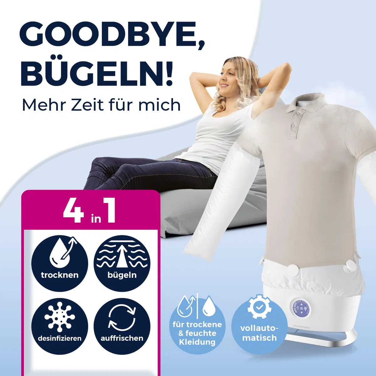 CLEANmaxx automatischer Hemdenbügler mit Dampffunktion | Innovativer Bügler für Hemden & Blusen, Bügelautomat | Schonender als Wäschetrockner und Bügeleisen, 2 Programme, Touch Display