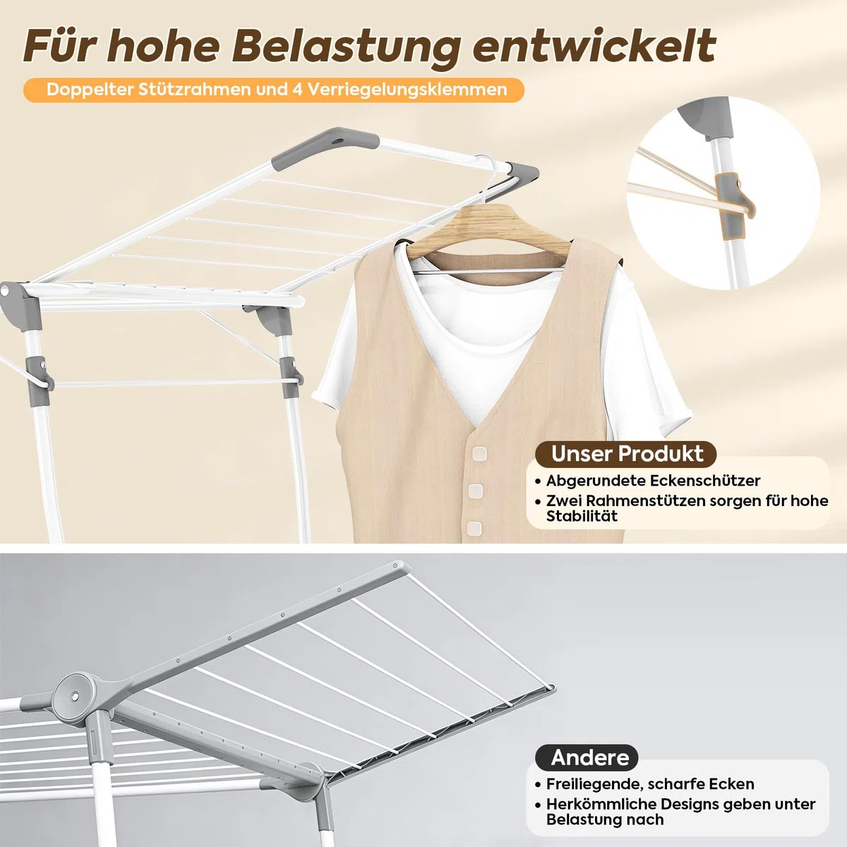KINGBOARD Wäscheständer klappbar groß, Flügelwäscheständer ausziehbar 174x97x156 cm, Stabiler Wäschetrockner Ständer mit rutschfesten Füßen, Standtrockner faltbar für Innen und Außen, Weiß