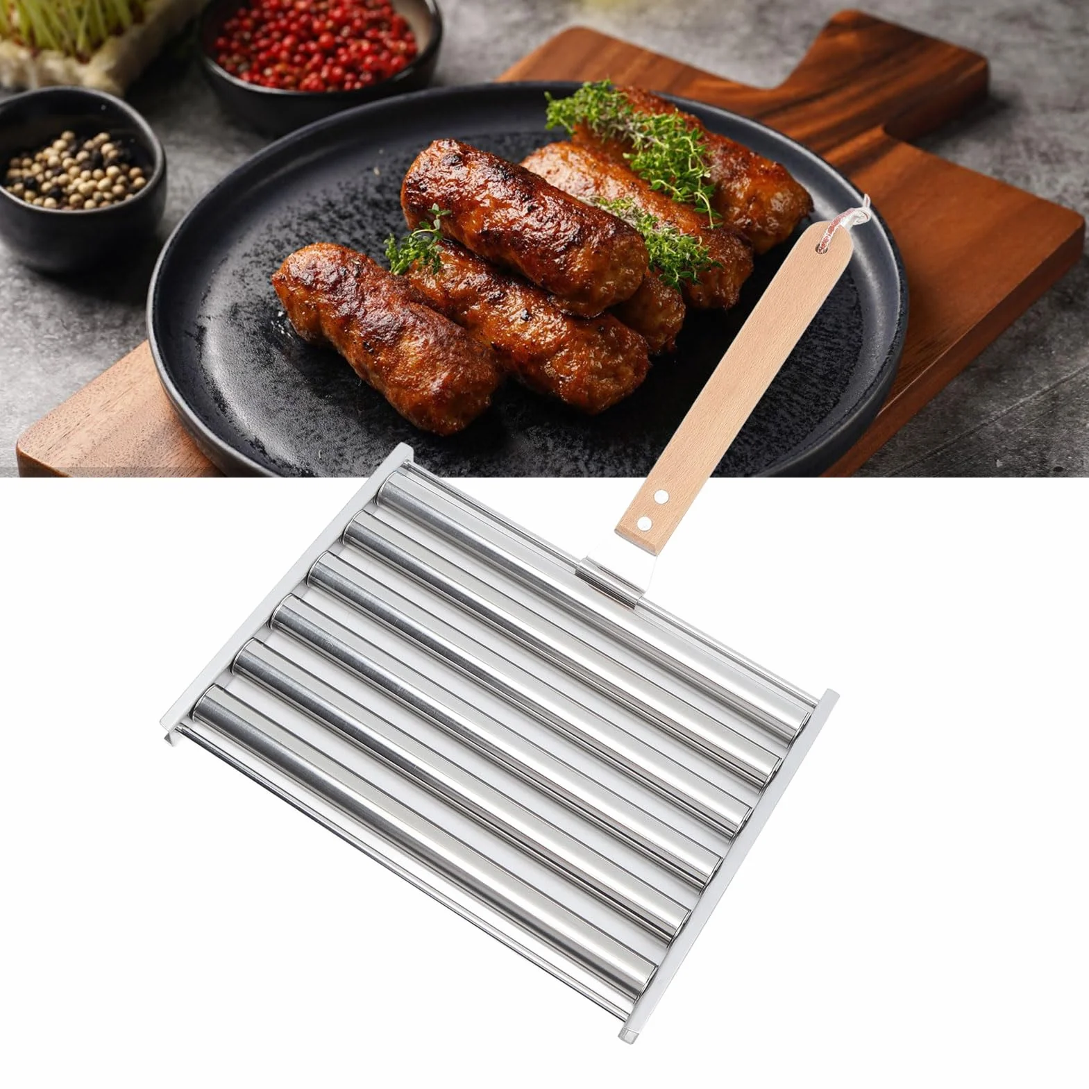Fdit Hot-Dog-Roller für Mädchen, Abnehmbarer Hot-Dog-Wurstroller aus Edelstahl, Dampfgarer mit Extra Langem Holzgriff, BBQ-Hot-Dog-Roller für Gleichmäßiges Garen (L)