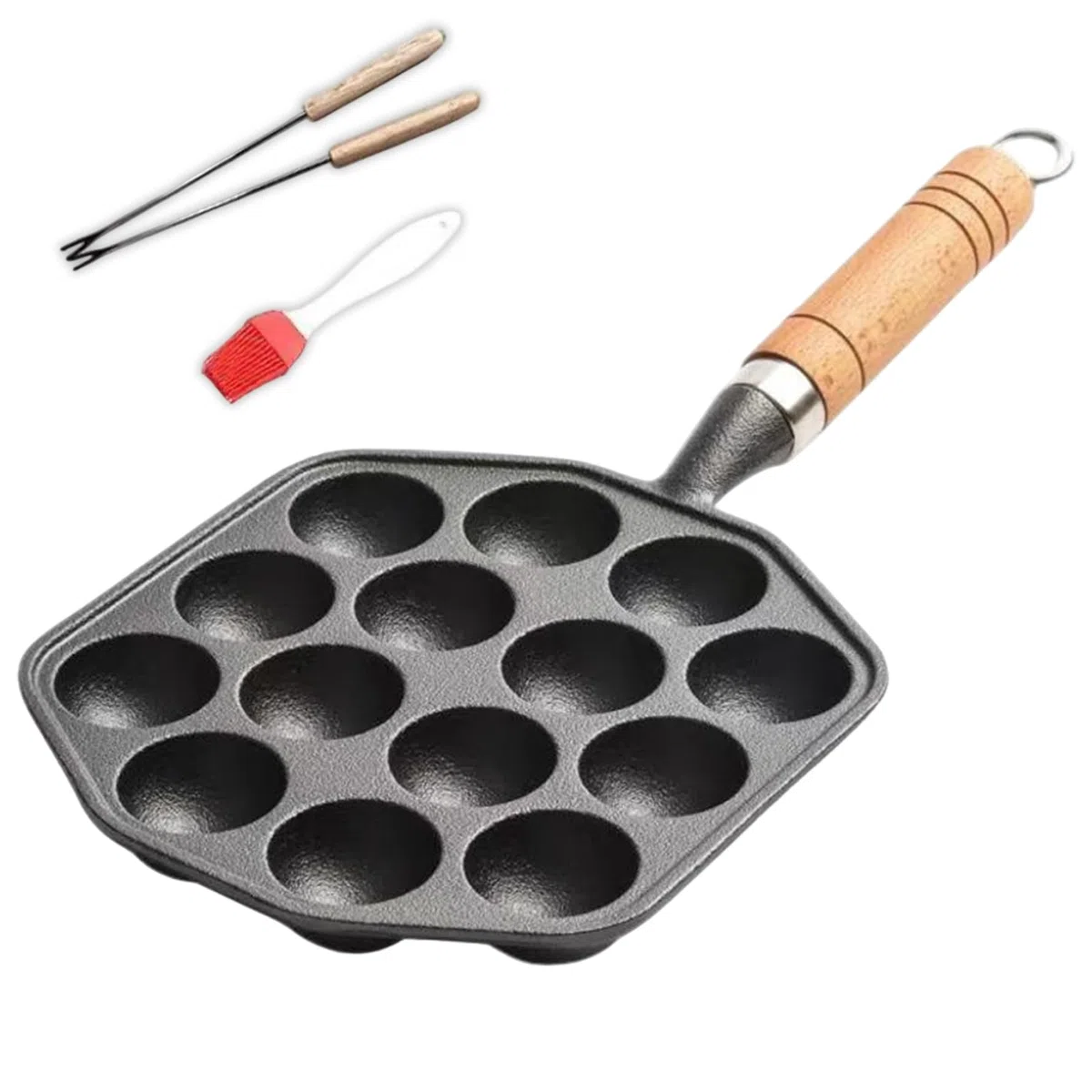 1 Set Takoyaki Pan mit hängendes Griff, 14 Löcher Non -Stick -Hersteller mit Gabel & Ölbürste, für Pofertjes Pfannkuchenbälle