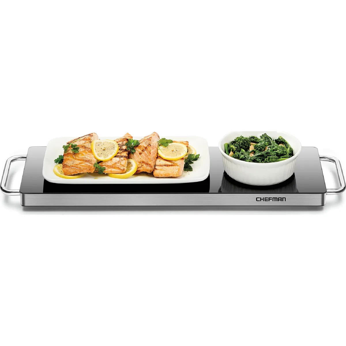Chefman Lange elektrische Warmhalteplatte Heizelement, Essen für Partys zubereiten, Edelstahlrahmen & Oberfläche aus gehärtetem Glas, Buffet zu Hause, für Tabletts & Geschirr, Cool-Touch-Griffe,