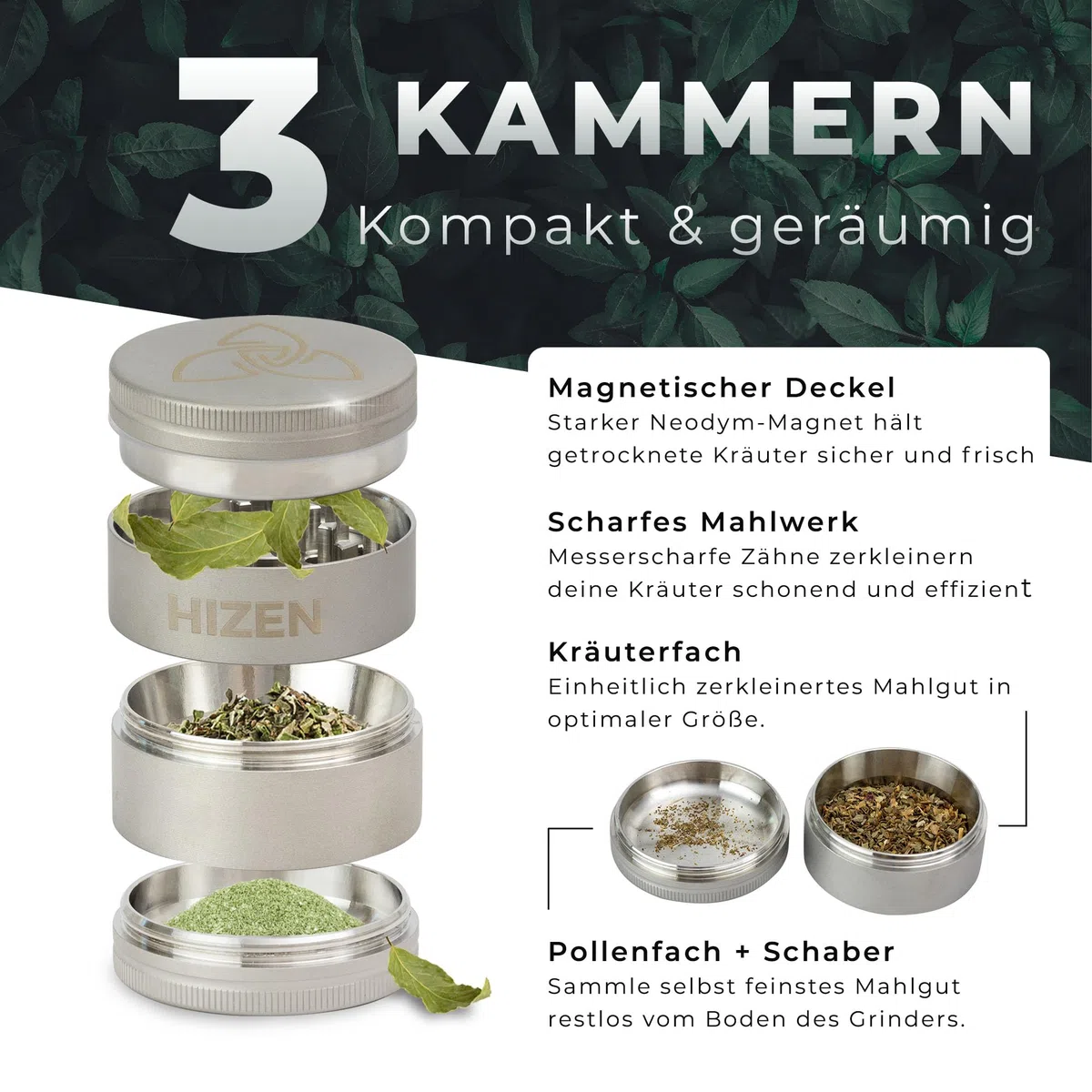 Grinder Edelstahl 4-teilig, unverwüstlicher Crusher mit Pollenfach + Schaber, Kräutermühle, Gewürzmühle - abriebfest, magnetisch - Silber Matt Ø4.9cm