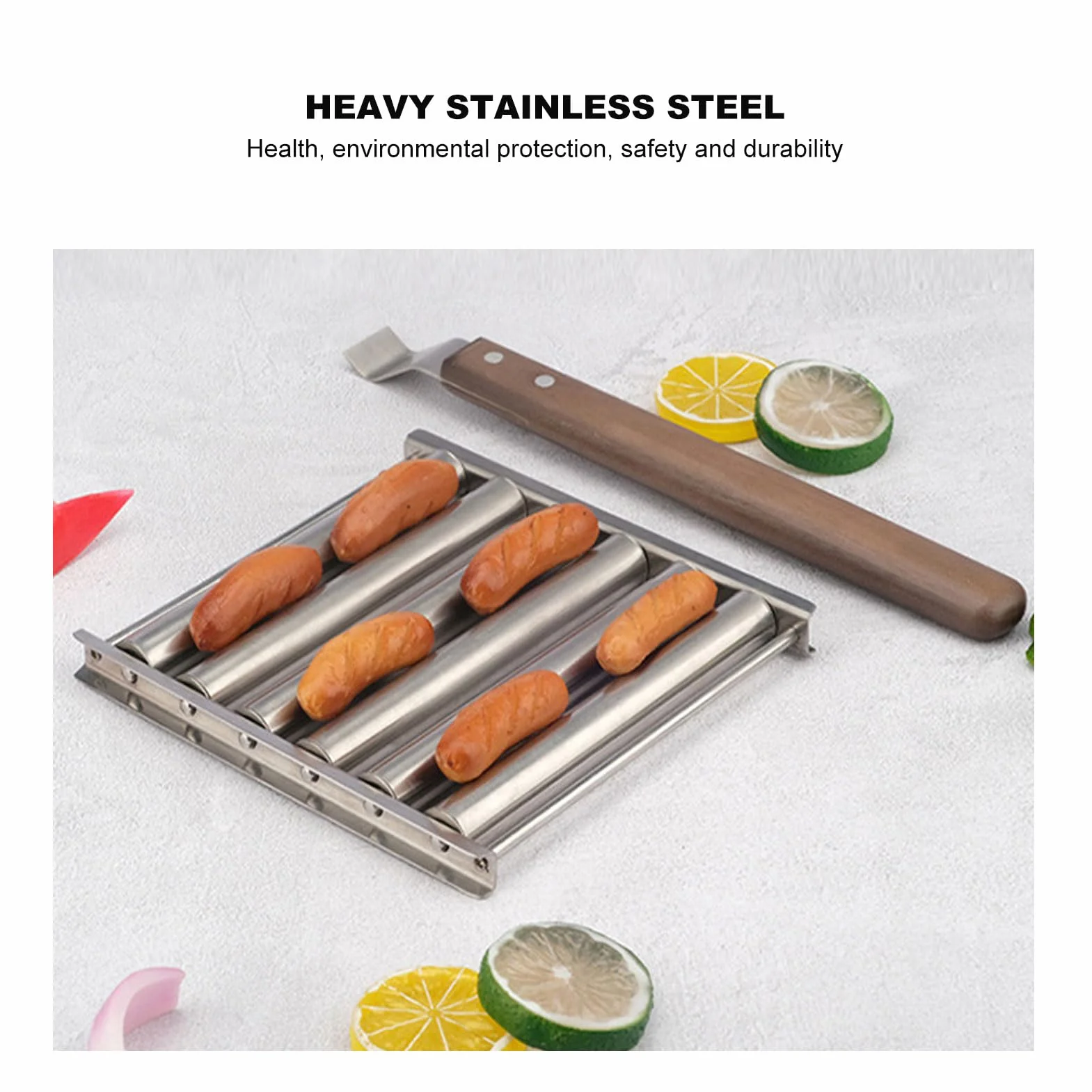 Fdit Hot-Dog-Roller für Mädchen, Abnehmbarer Hot-Dog-Wurstroller aus Edelstahl, Dampfgarer mit Extra Langem Holzgriff, BBQ-Hot-Dog-Roller für Gleichmäßiges Garen (L)