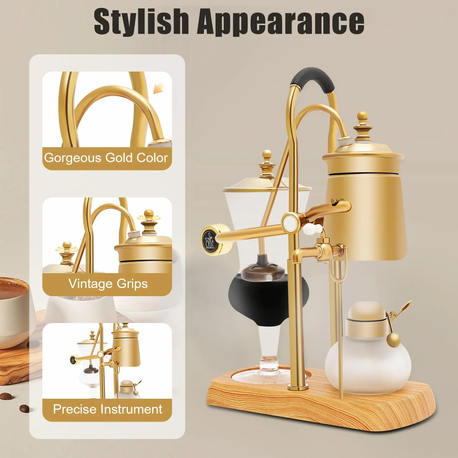 Siphon Kaffeemaschine, 400ml Retro Kaffeebereiter Vakuum Kaffeebereiter Set, 4 Tassen Heimgebrauch Glassiphon Kaffeemaschine Siphon-Kaffeekanne Vintage-Kaffeemaschine - Gold