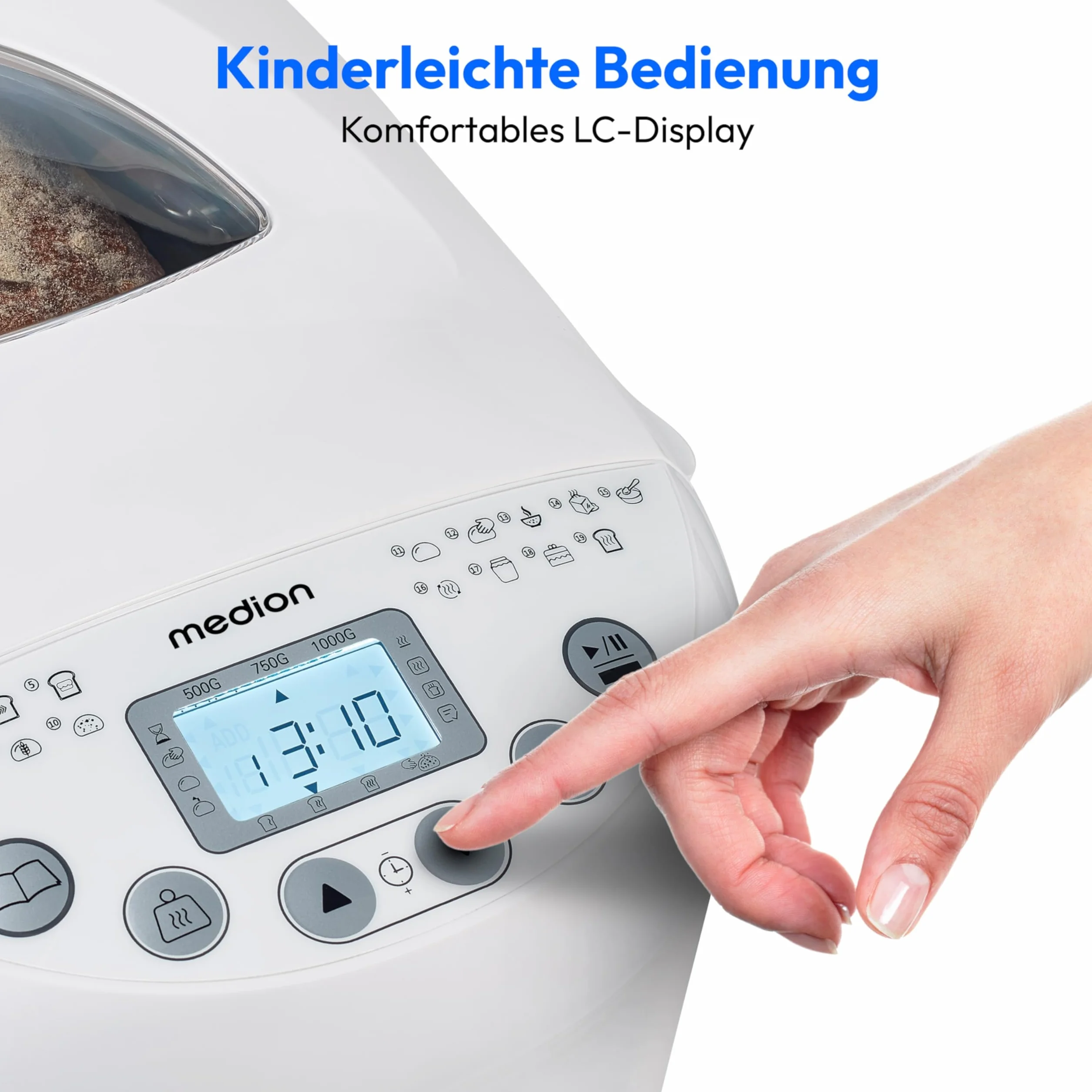 MEDION Brotbackautomat (Brotbackmaschine, 550 Watt, bis zu 1000g, 19 Backprogramme, 3 Bräunungsgrade, Warmhaltefunktion, Zeitvorwahl MD 11011)
