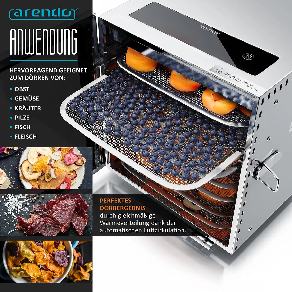 Arendo - Edelstahl Dörrautomat 8 fach - 500 Watt mit Temperaturregler - Dörrgerät für Lebensmittel Fleisch Früchte Obst Pilze - Timer bis zu 24 h - 8 Einlegefächer - GS - Dehydrator