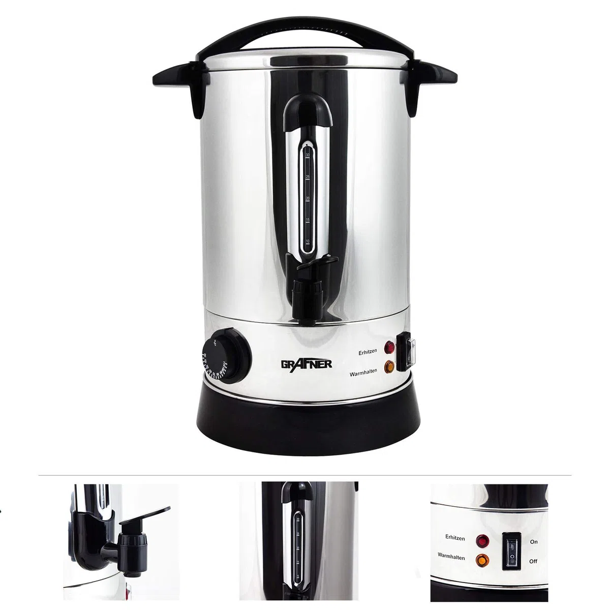 Grafner XL Glühweinkocher aus Edelstahl - 8,8 Liter - 1500 Watt mit Zapfhahn, Thermostat und Überhitzungsschutz Heißgetränkespender
