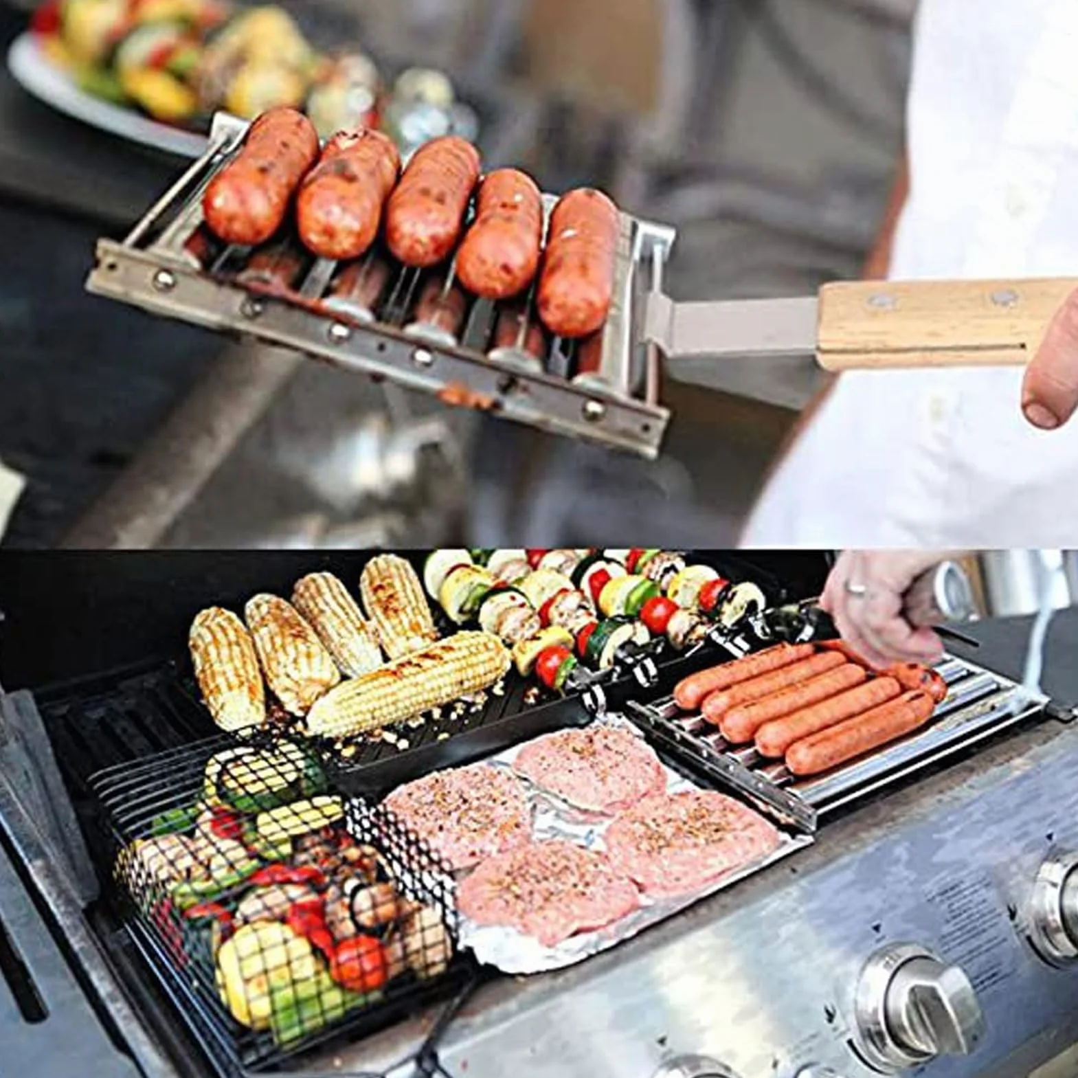 Fdit Hot-Dog-Roller für Mädchen, Abnehmbarer Hot-Dog-Wurstroller aus Edelstahl, Dampfgarer mit Extra Langem Holzgriff, BBQ-Hot-Dog-Roller für Gleichmäßiges Garen (L)