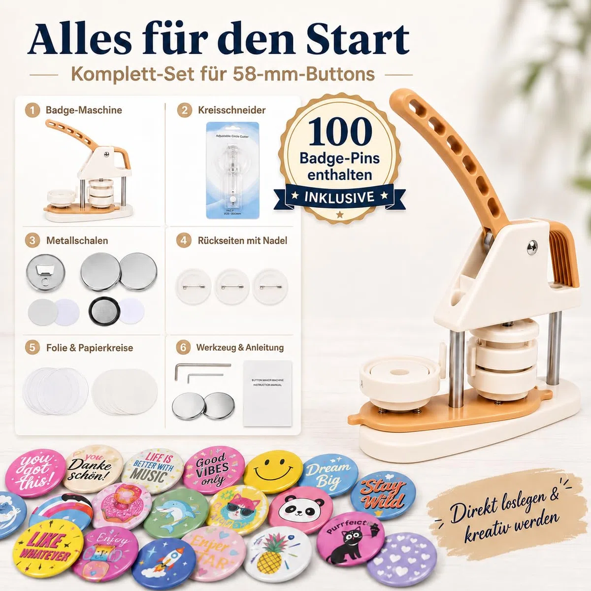 ButtonManufaktur Buttonmaschine 58 mm Set inkl. Material für 100 Buttons & Kreisschneider – Button Maker, Badge Maker und Buttonpresse für Anstecker, Pins, Vereine, Events & Workshops