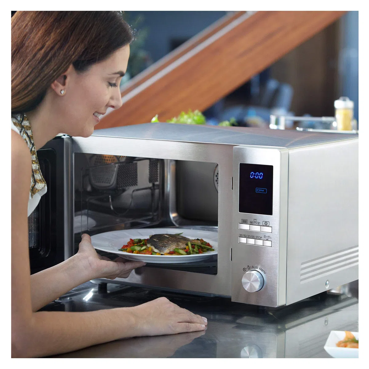Sharp R922STWE 3-in1 Mikrowelle mit Grill und Heißluft / 32 L / 1000 W / 1100 W Infrarotgrill / 2500 W Heißluft / LED-Display / 10 Automatikprogramme / Gewichtgesteuerters Auftauen / Edelstahl
