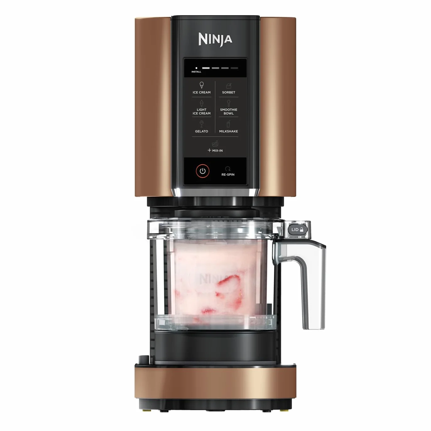 Ninja CREAMi Eismaschine & Frozen Dessert Maker mit 3 Behältern, 7 Programmen, macht Eiscreme, Gelato, Sorbet, Smoothie Bowl, Milchshakes und mehr, macht 1,4 L Eiscreme, Schwarz & Kupfer, NC300EUCP
