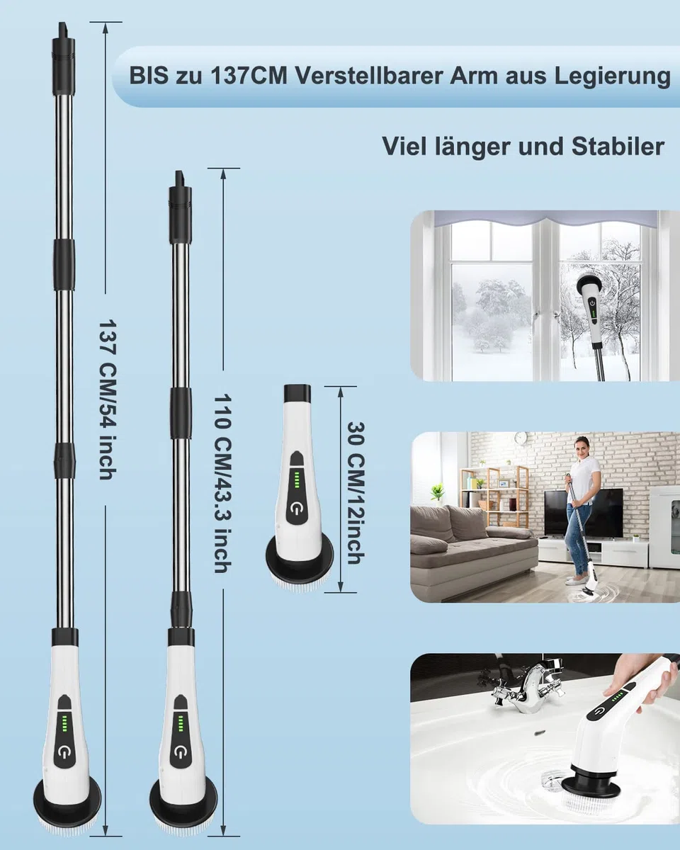 Leebein Elektrische Reinigungsbürste,Electric Spin Scrubber schnurlos mit 8 austauschbaren Bohrbürstenköpfen, Wanne und Bodenfliese mopSet mit 137cm verstellbarem Griff für Bad Küche Auto Fußboden