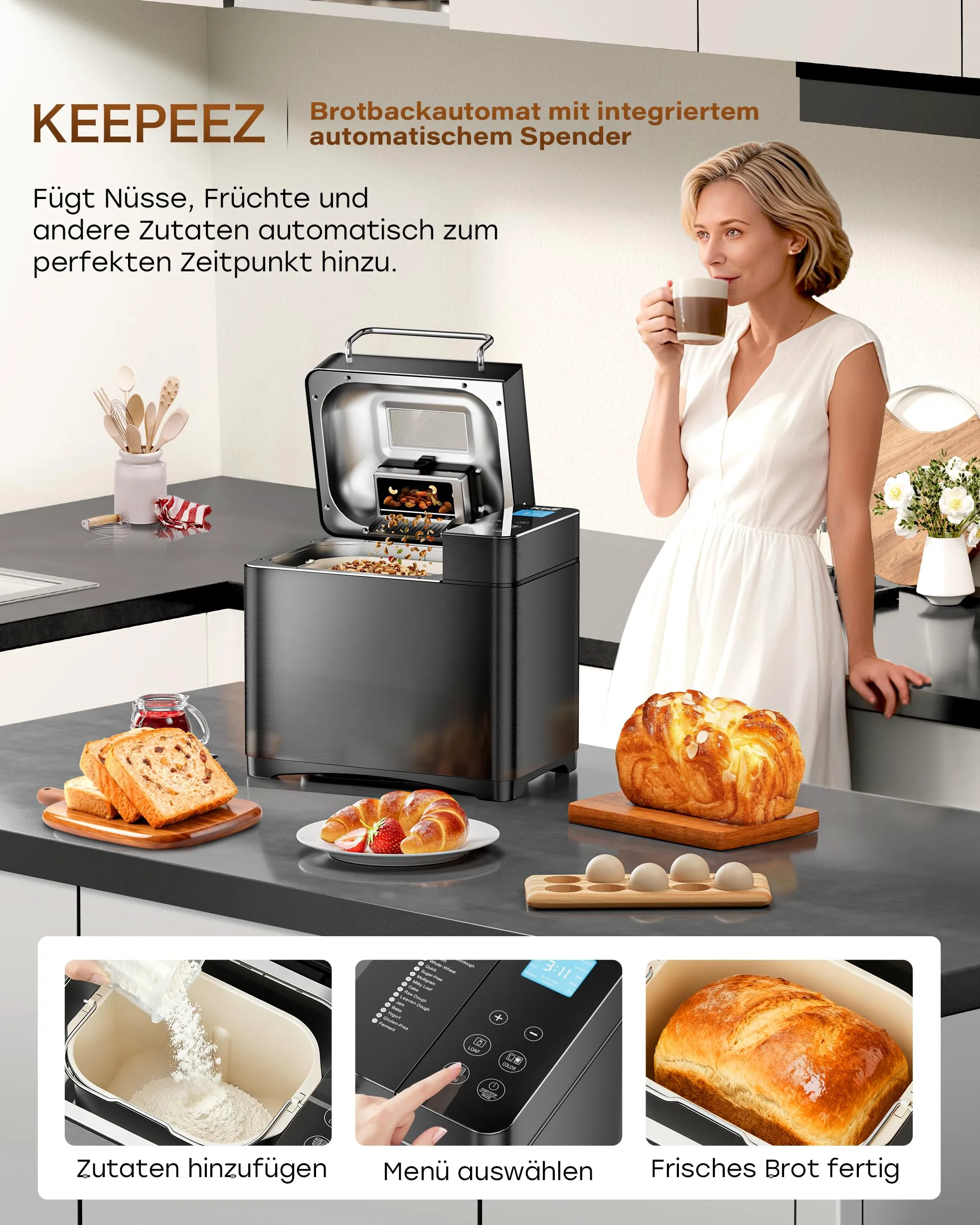 Pro 17-in-1 Vollautomatische Edelstahl Brotbackautomat mit Gesundem Keramik-Brotpfanne, 710W Konvektions-Brotmaschine, 1kg-Kapazität, Automatischem Nuss-Dispenser, Intelligentes Touchpanel