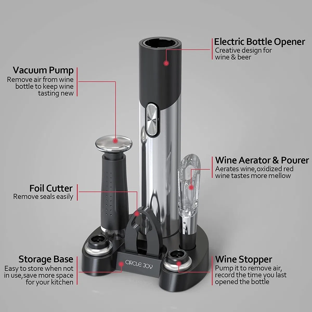 CIRCLE JOY Elektrischer Korkenzieher, 7 in 1, wiederaufladbar, Geschenkset für Wein und Bier, mit Sockel, Folienschneider, Weinbelüfter, Vakuumpumpe und 2 Weinkorken