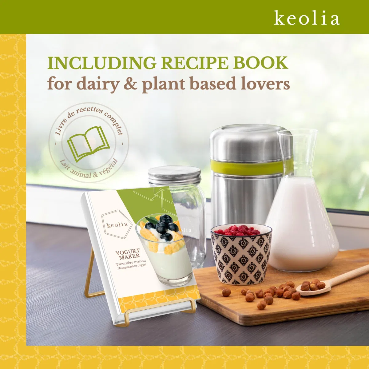 Joghurtbereiter ohne Strom, Joghurt Starter-Set aus Edelstahlbehälter, Einmachglas, Thermometer, Bambuslöffel + Book Rezeptbuch