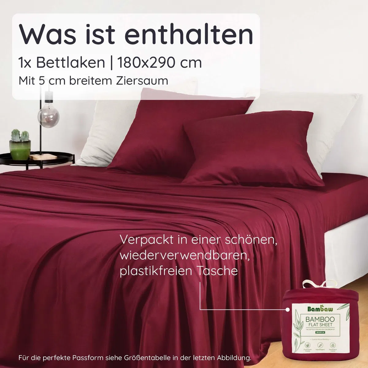 Bambaw Bambus Bettlaken ohne Gummizug 180x290 cm, hypoallergene für Allergiker Bettwäsche, 100% nachhaltige Bambus Bettwäsche, weiche Überschlaglaken, Bettlaken Sommer kühl ohne Gummi (Burgunderrot)