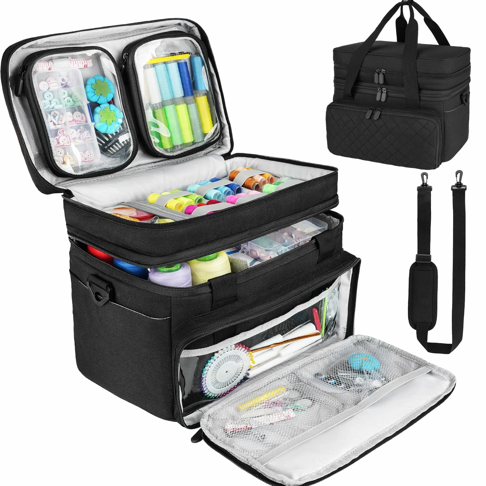 Nähzubehör Organizer Tasche mit Schultergurt – Doppellagige Näh-Aufbewahrung mit 2 herausnehmbaren Taschen – Große Reise-Nähbox für Nähbedarf & Werkzeuge (Schwarz, 30x20 cm)