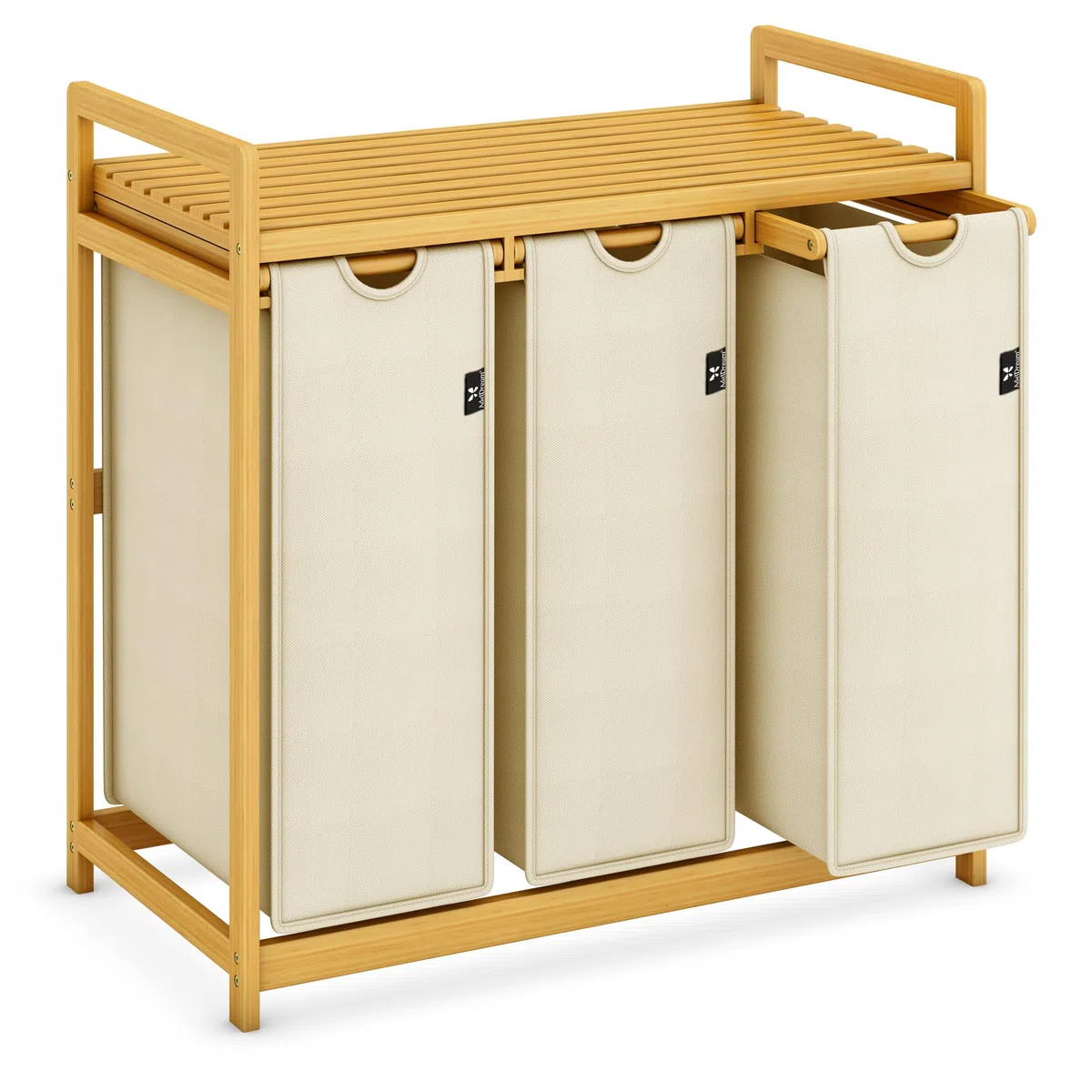 AdelDream Wäschekorb 150L, 3 Fächer Wäschesammler mit Ablage, Bambusrahmen | Wäschesortierer mit 3 x 50L Säcken, ausziehbar abnehmbar, Ablage bis 45 kg, Farbe Beige