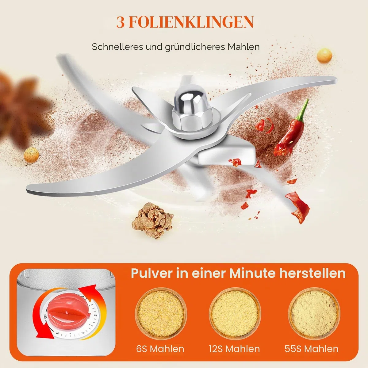 Getreidemühle Elektrisch, 500g Elektrische Getreidemühle Edelstahl Mühle mit 28000rpm Starker Motor High Speed, Mühle Elektrisch 30s Feinmahlung für Küchengetreide Gewürz Mais