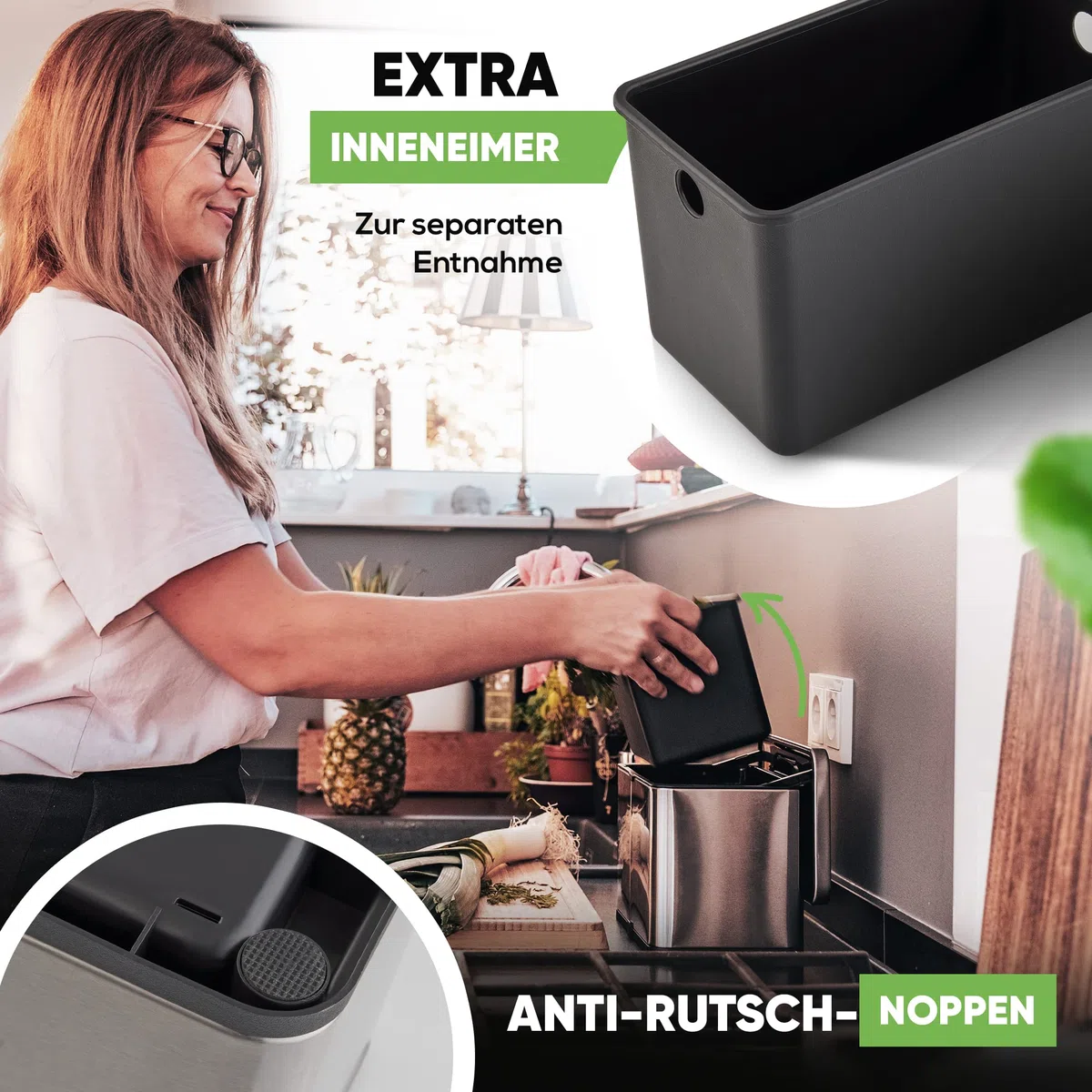 Bio Mülleimer 3L Silber | Komposteimer Küche für Bio Müll & Co | Mülleimer mit Geruchsfilter | Komposter für Abfall & Recycling | Biomülleimer Küche klein
