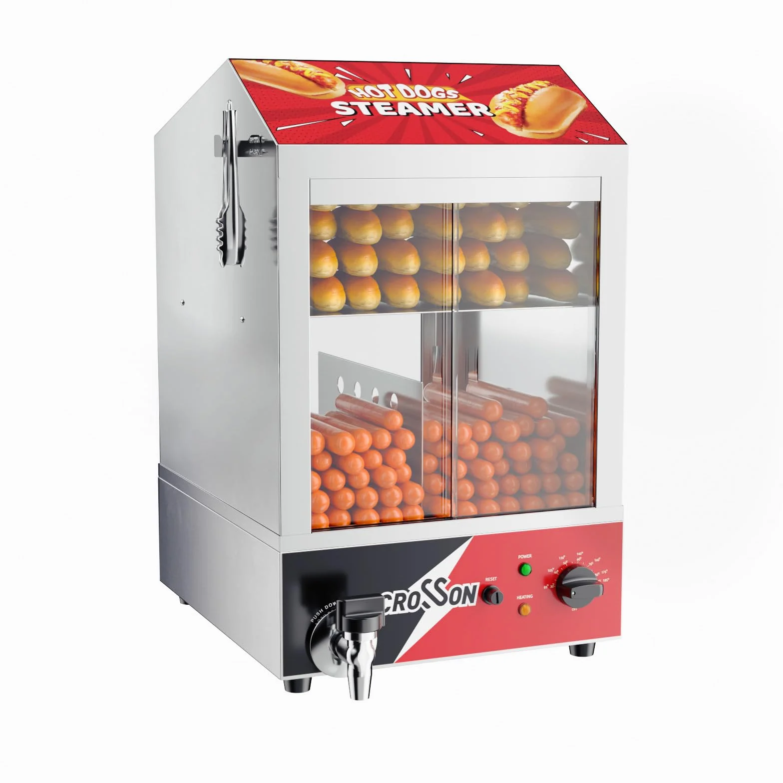 CROSSON Hot Dog Dampfgarer, 42L, 2-stöckiger Hot Dog Hut Dampfgarer, 175 Hot Dogs und 50 Brötchen Brötchen Fassungsvermögen Brötchenwärmer mit sichtbaren Schiebetüren aus gehärtetem Glas