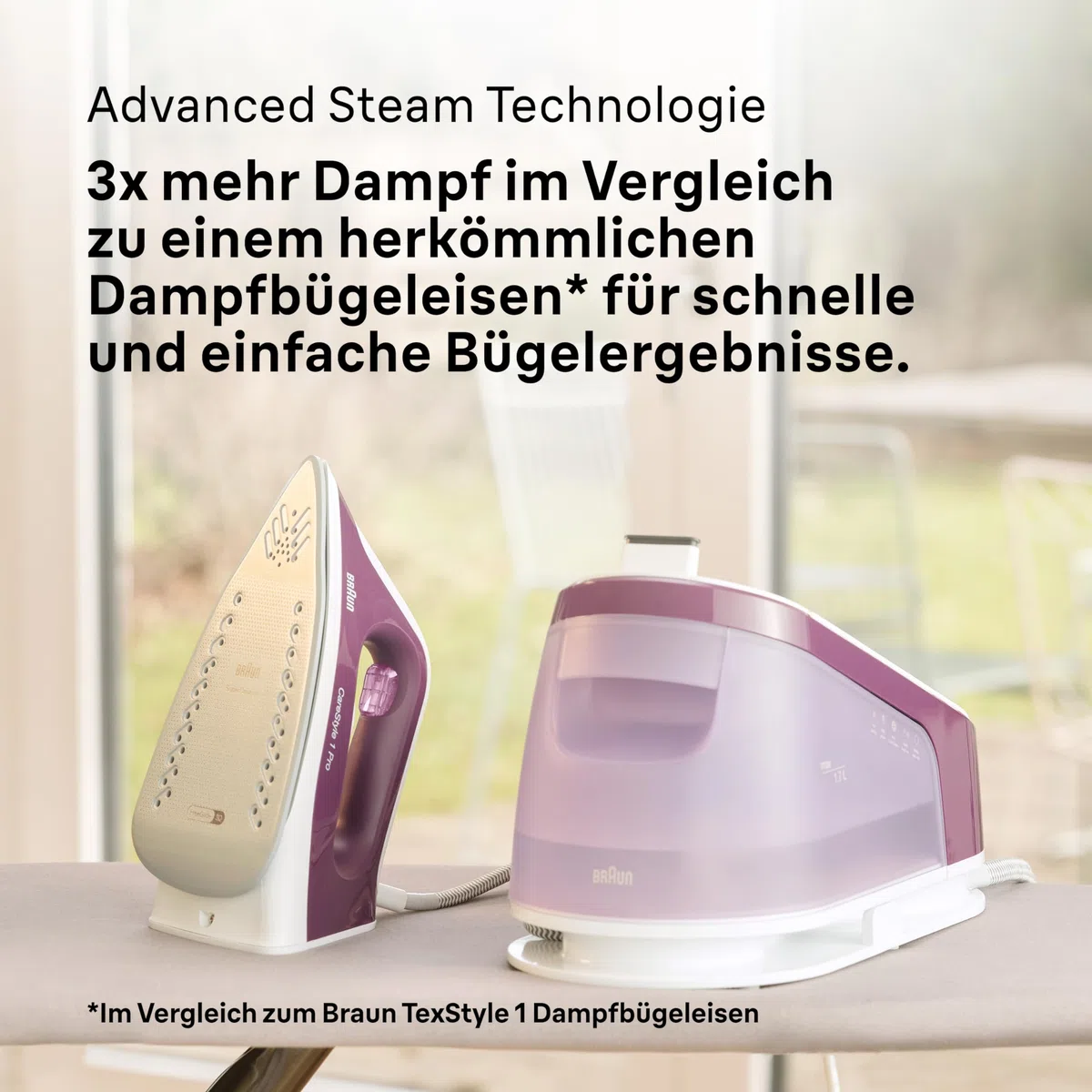 Braun CareStyle 1 Pro IS1514 VI Dampfbügelstation - Dampfbügeleisen mit FreeGlide 3D Technologie, Vertikaldampf, Anti-Tropf-Funktion, 1,7L Wassertank, 6 bar, 120 g/min, 2200W, Violett