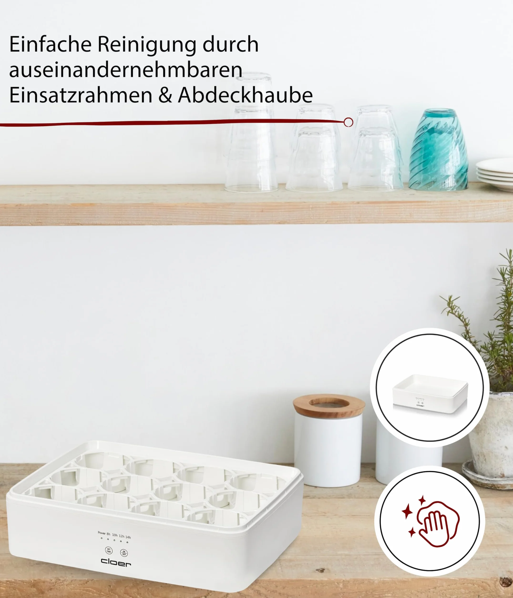 Cloer 9921 Joghurtbereiter für 12 Gläser à 150 ml, Joghurtmaschine für selbstgemachten Joghurt, Timer 8-14 h, LED-Anzeige, Signalton, Kunststoffgehäuse mit transparentem Deckel, Weiß, 17 W