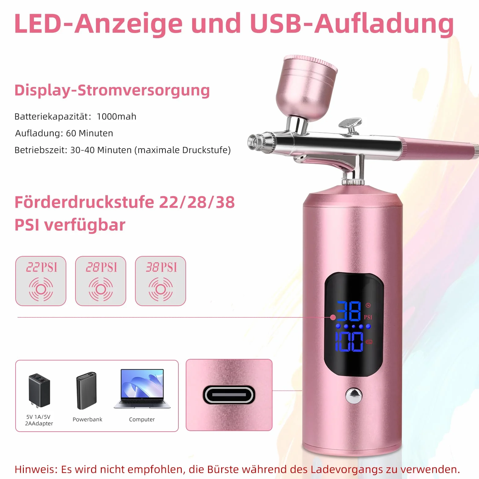 Daakro Airbrush Set, Spritzpistole mit Kompressor 38PSI Kabelloses Airbrush-Kit，Mini wiederaufladbare kosmetische Airbrush，Kuchendekoration, Nagelkunst, Tattoos, und Gesichtsbemalung