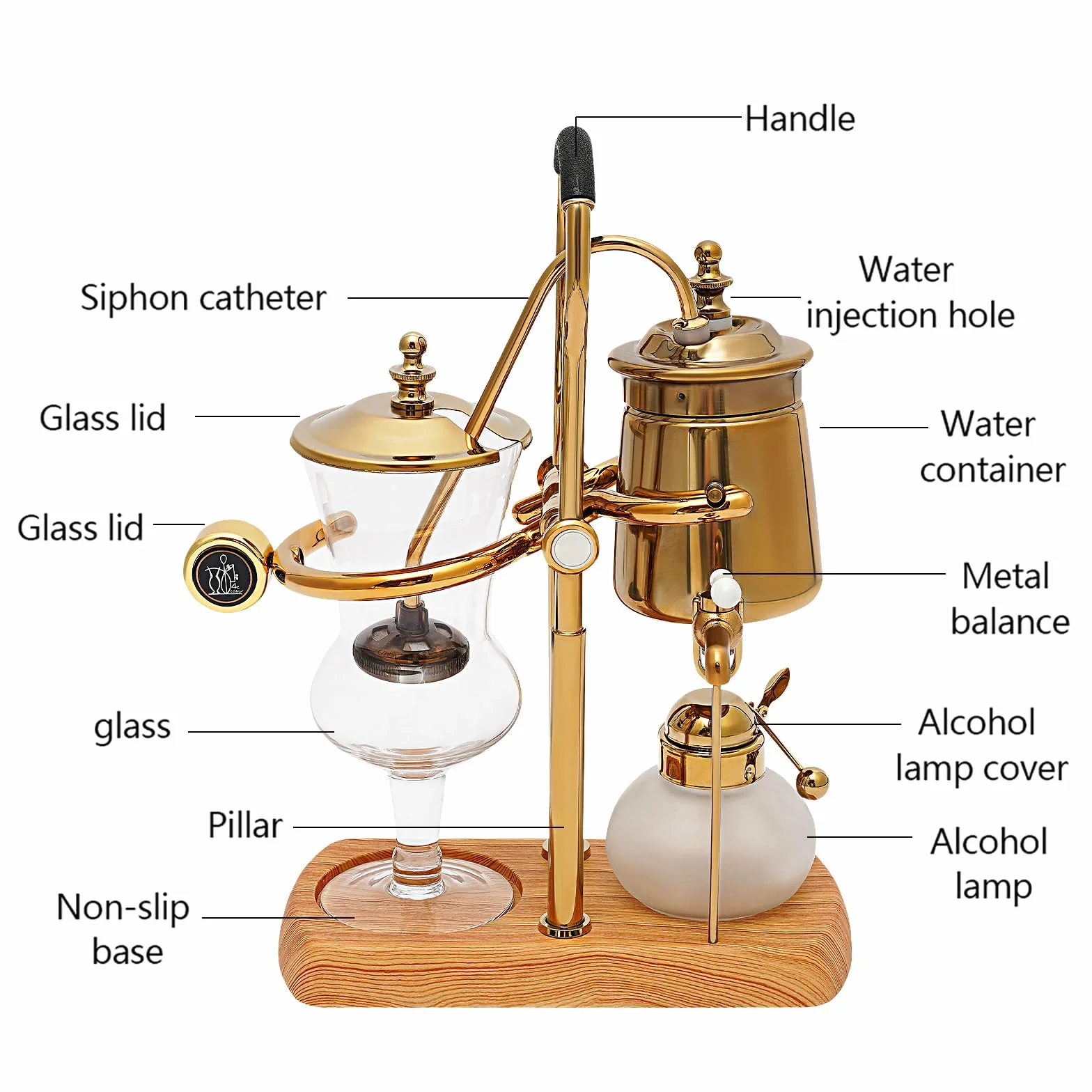Futchoy Kaffeemaschine Syphon kaffeebereiter aus Edelstahl - Coffee Technia Royal Belgische Kaffeemaschine Vakuum-Kaffeebereiter Tischglas Siphon Topf Siphon (Gold)