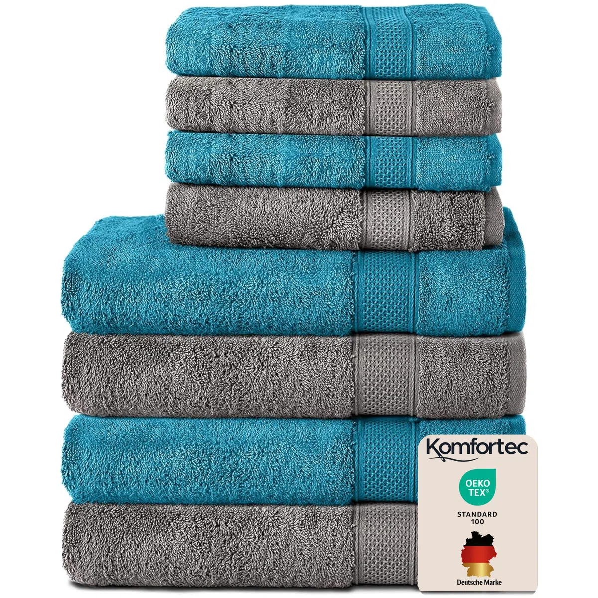 Komfortec 8er Handtücher Set, 4 Badetücher 70x140 cm & 4 Handtücher 50x100 cm, 100% Baumwolle Frottee, Flauschig und Saugstark,Anthrazit/Türkis