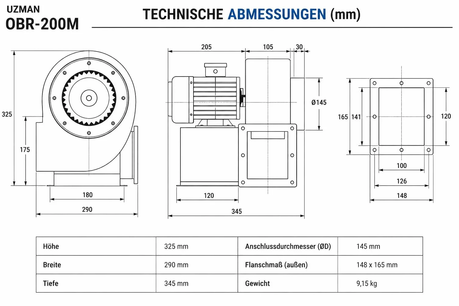 UZMAN OB200M Radialgebläse + Drehzahlregler + Flansch + 10 Meter Alu-Flexrohr | 1800 m³/h Industrie Radiallüfter | Saugventilator 230V für Werkstatt, Absaugung und Lüftungssysteme