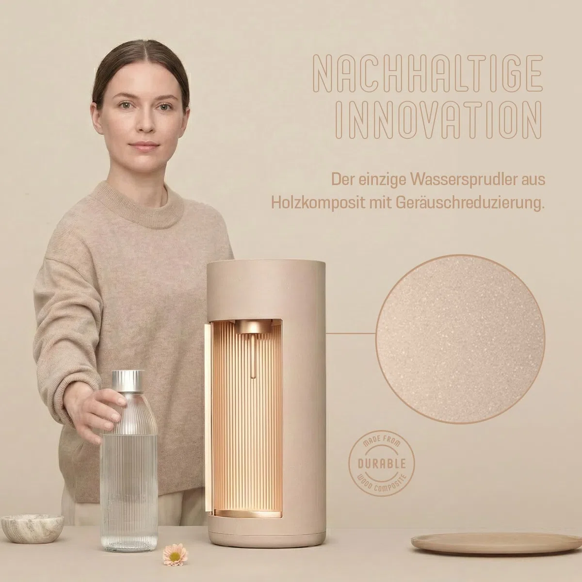 Mysoda: Glassy Wassersprudler aus Holzkomposit mit CO2-Zylinder und 1L Glasflasche & BPA-Frei 1L Plastikflasche - Latte