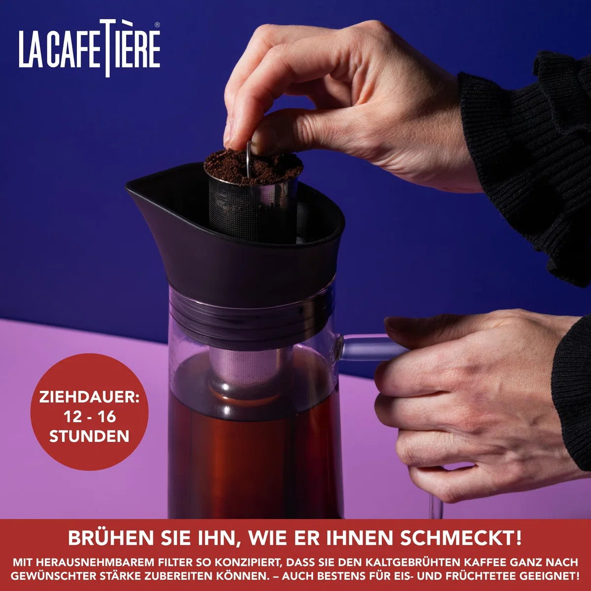 La Cafetière Kaffeebereiter zum Kaltbrühen, mit Netzfilter, spülmaschinenfest, Krugdeckel mit Ausgießer, Getränkebehälter für hochwertigen Eiskaffee, Eistee, hausgemachte Fruchtgetränke, 1 l