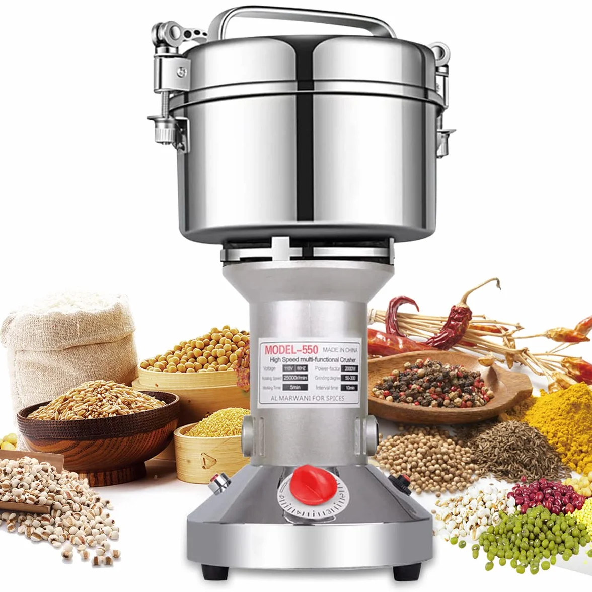 LEJIEYIN Elektrische Kräutermühle 550 g Hochgeschwindigkeits-Gewürzmühle aus Edelstahl Elektrische Mehlmühle Kräutermühle Superfeine Pulvermaschine für trockene Lebensmittel Grin