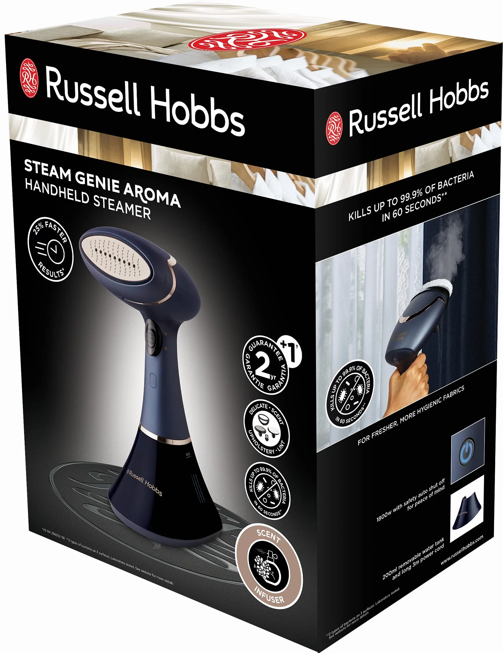 Russell Hobbs Dampfglätter (3 Aufsätze: Kleidung, Vorhänge, Polstermöbel und Dufteinsatz) Bügeleisen Multi Steam Genie Pro Aroma (1800W, 32g/min Dampf, schnellaufheizend) Reisebügeleisen 28041-56