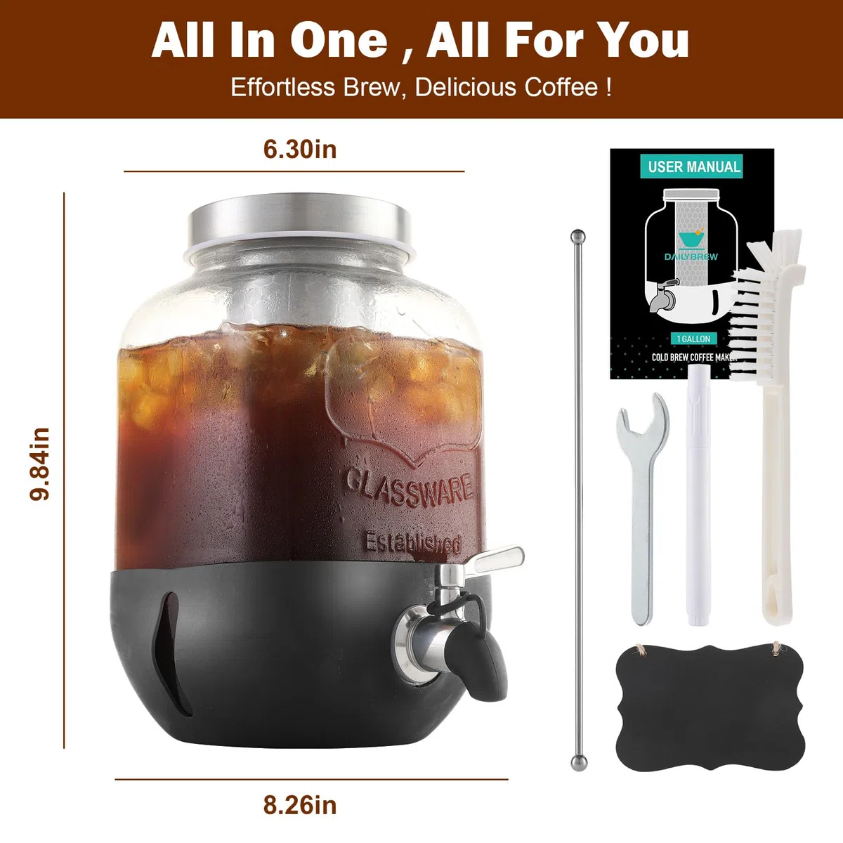 Kaltgebrüh-Kaffeemaschine, 3,5 l Eiskaffeemaschine mit Edelstahlfilter, robuster Glas-Krug mit Edelstahl-Zapfhahn, Einmachglas, Kaltgebrüh-Kaffeemaschine, schneller Eisteebereiter